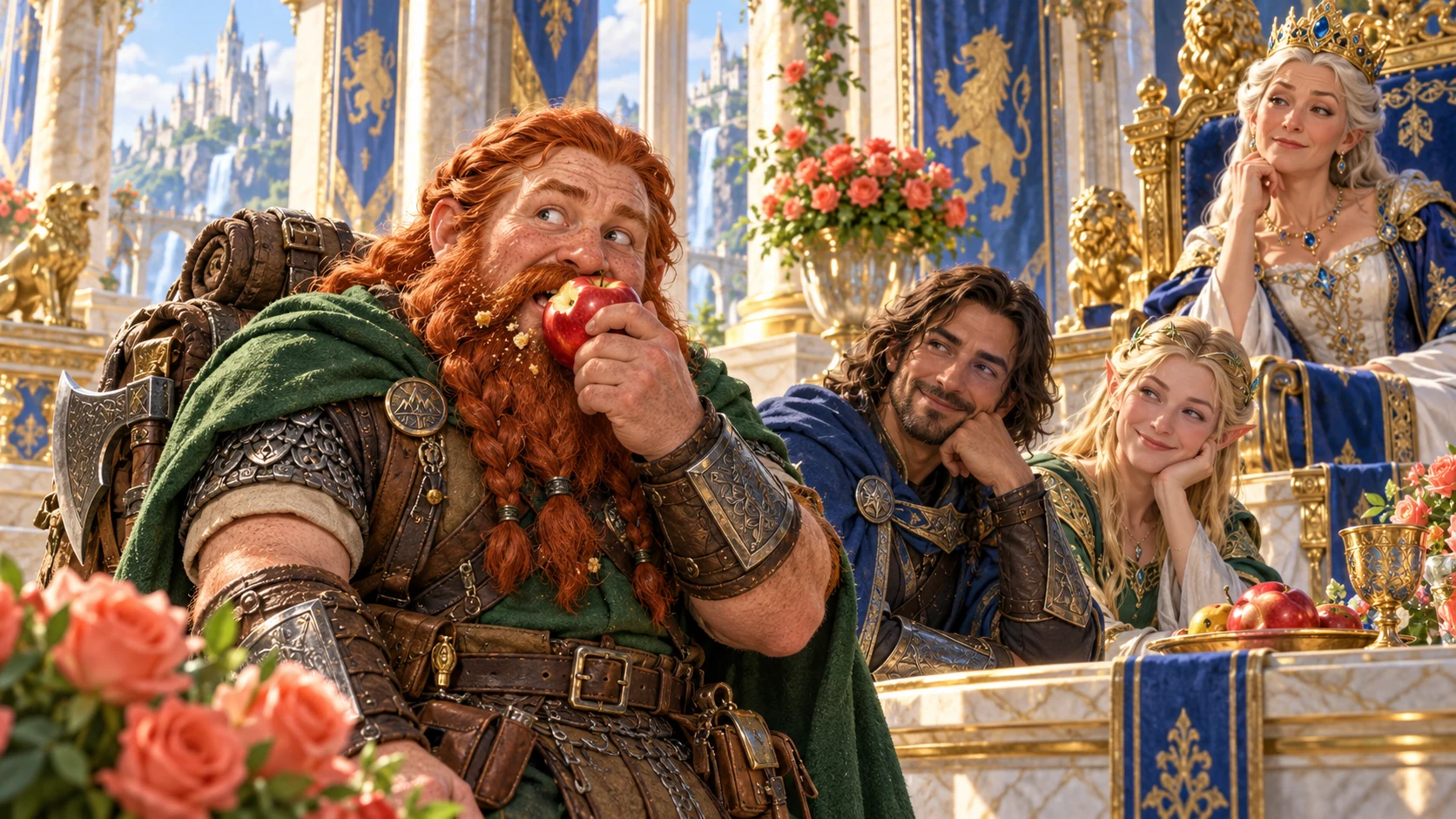 A red-haired dwarf eats an apple in an ornate royal hall as companions and the queen look on.