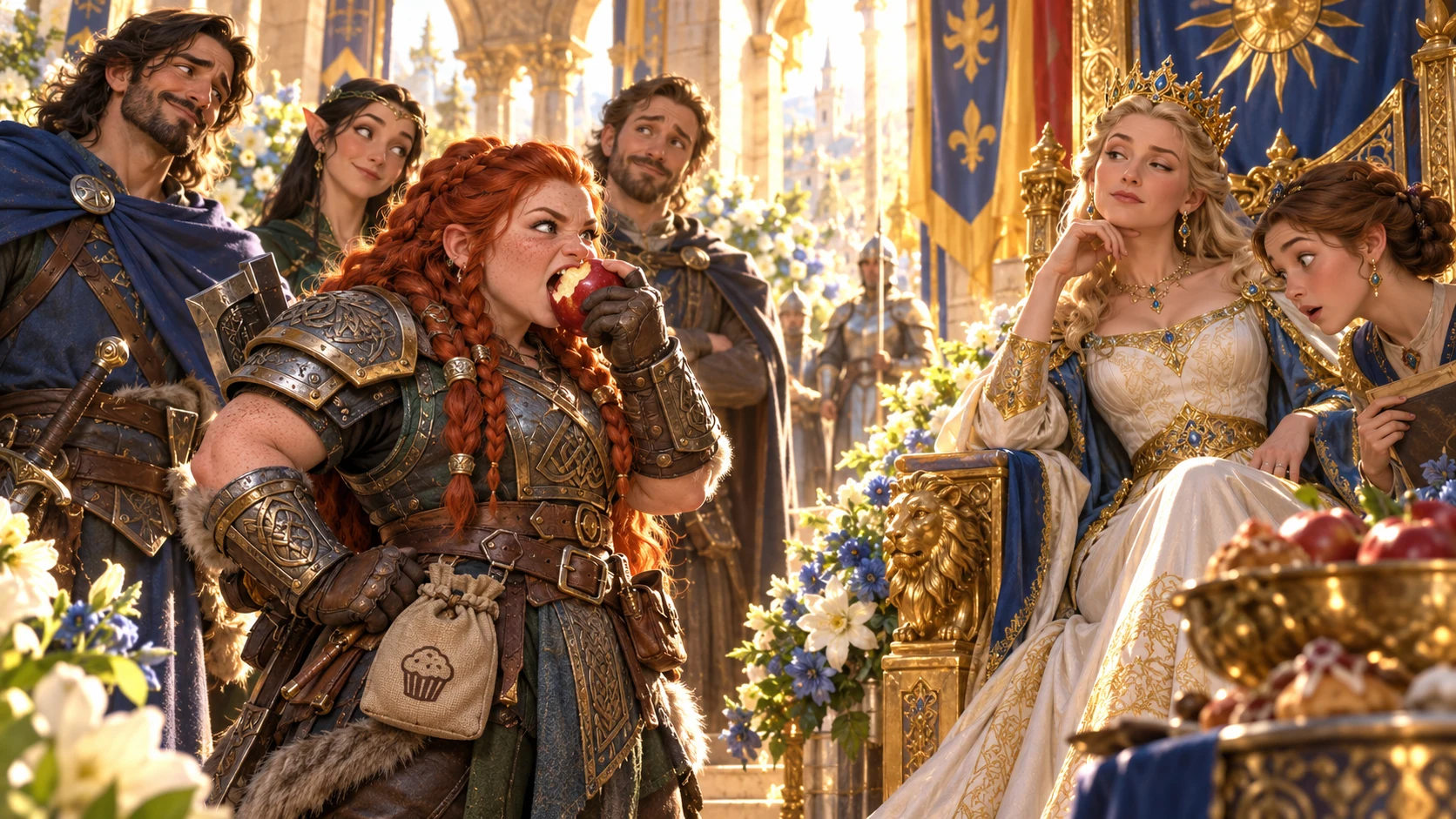 A dwarf bites an apple during a royal audience while nearby companions respond.