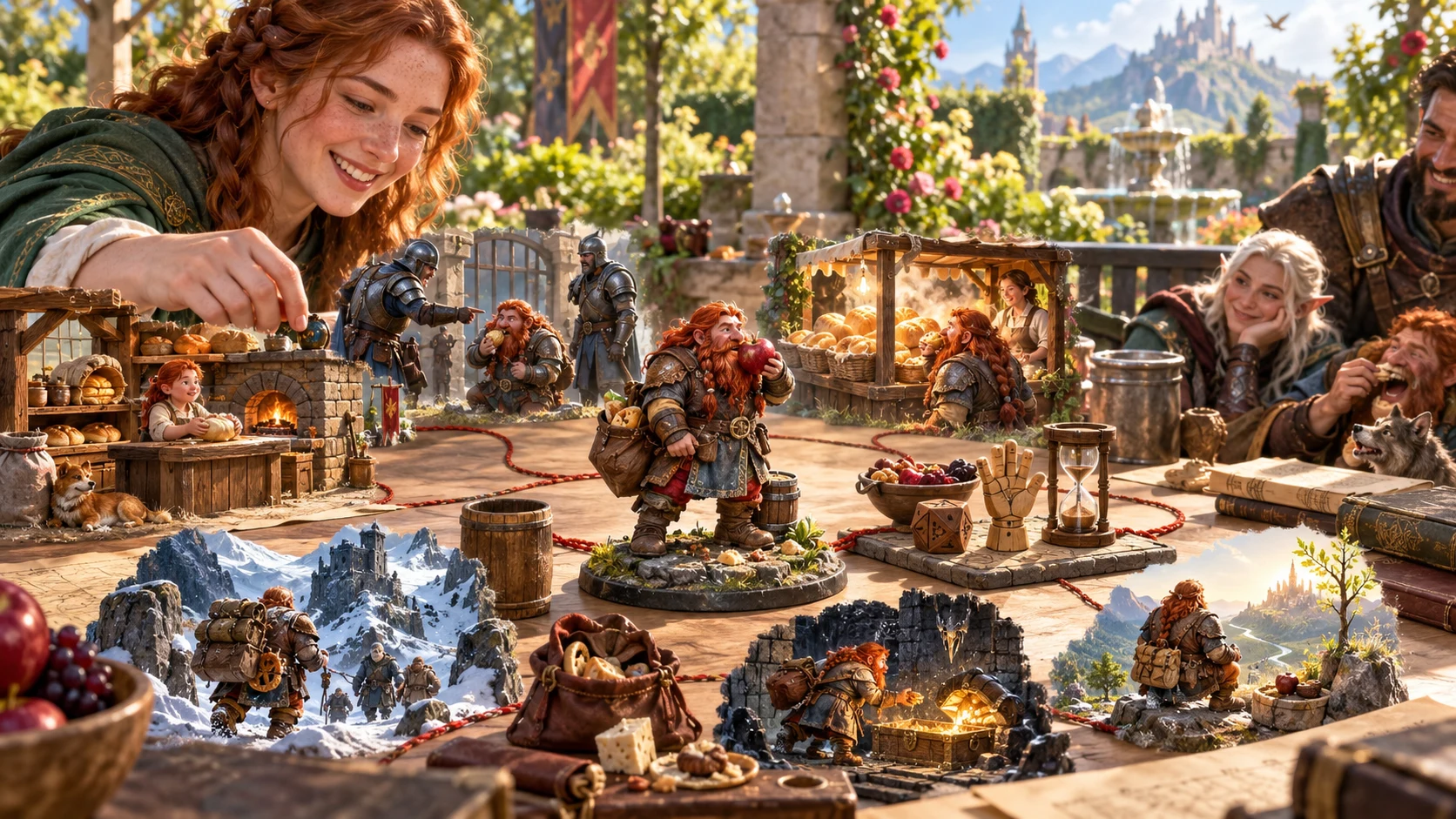 An illustrated tabletop collage connects a dwarf’s snacking habit with childhood, travel, everyday triggers and companions.